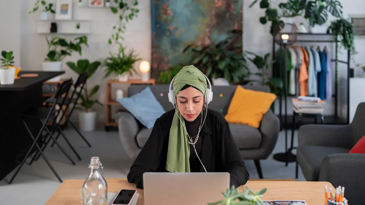 Woman in green working from home