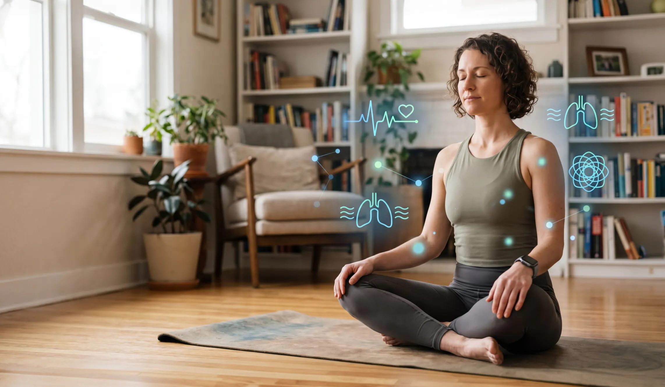 Woman practicing meditation at home with wellness and breathing icons, representing mental health, stress management, and burnout prevention for tech professionals.