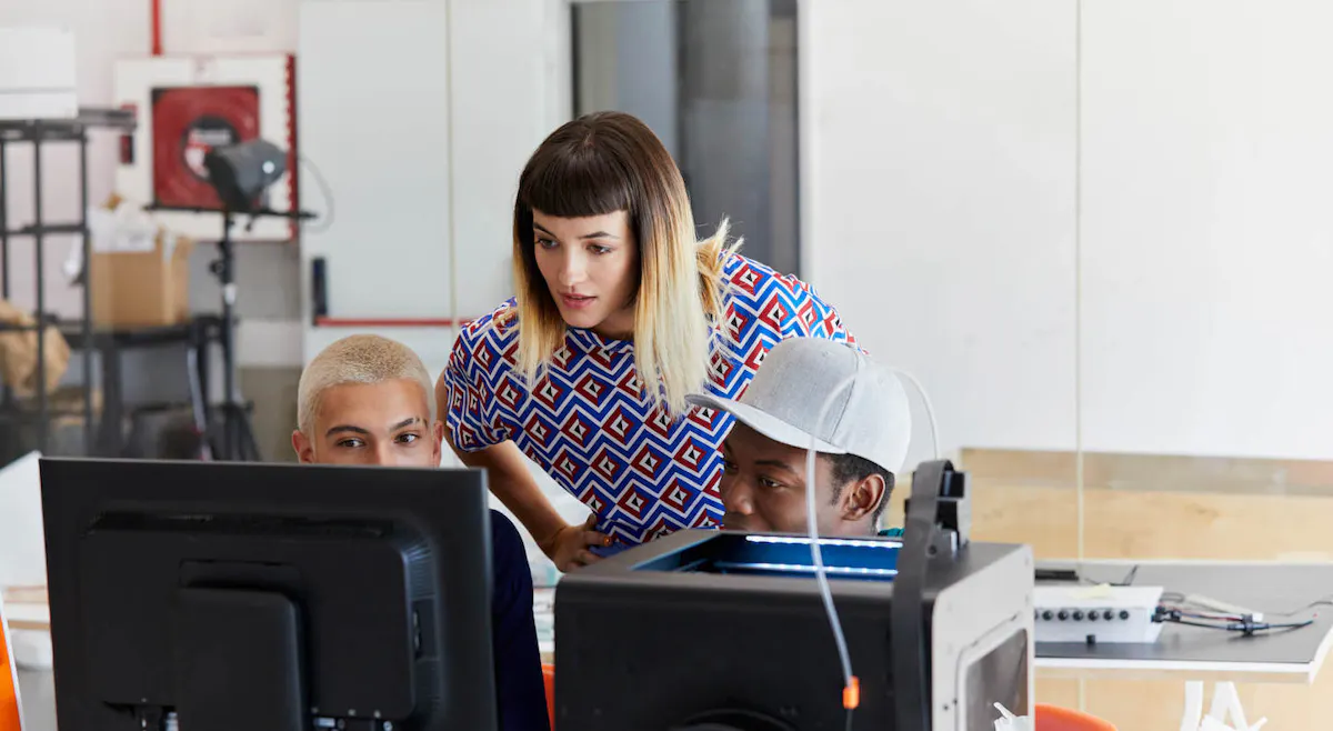 Woman leaning in over monitor card size