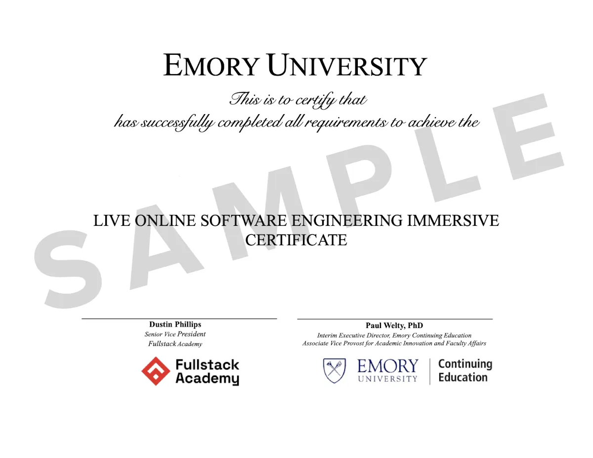 Sample Emory Coding Bootcamp Certificate