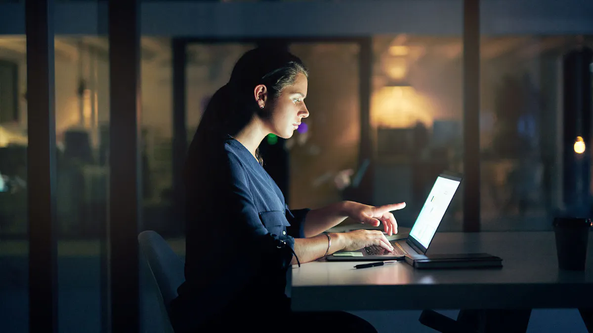 Woman working on cybersecurity at night