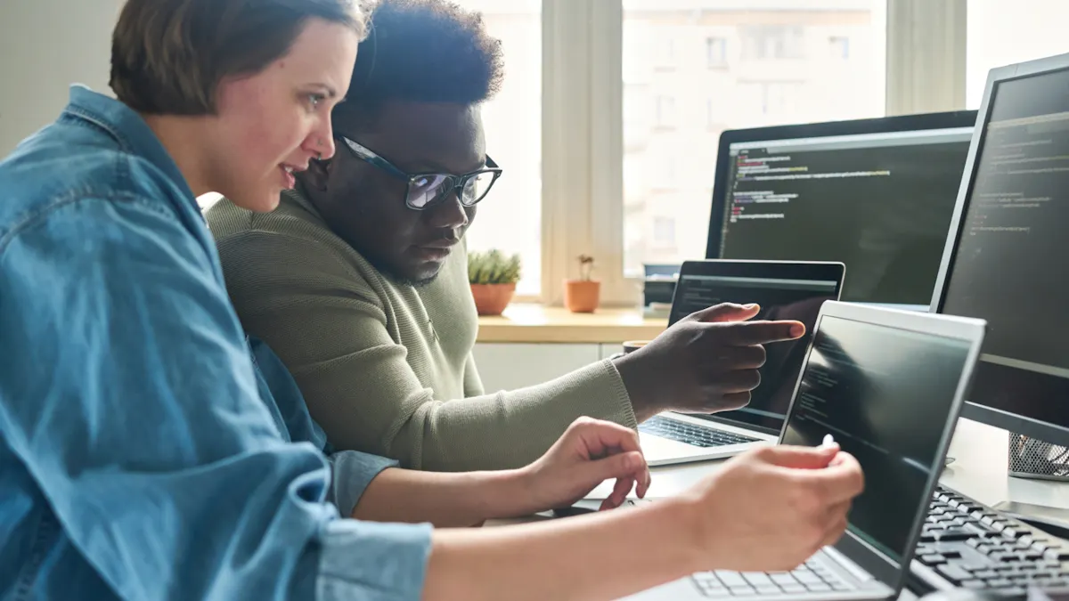 Woman and man looking at AI problem together