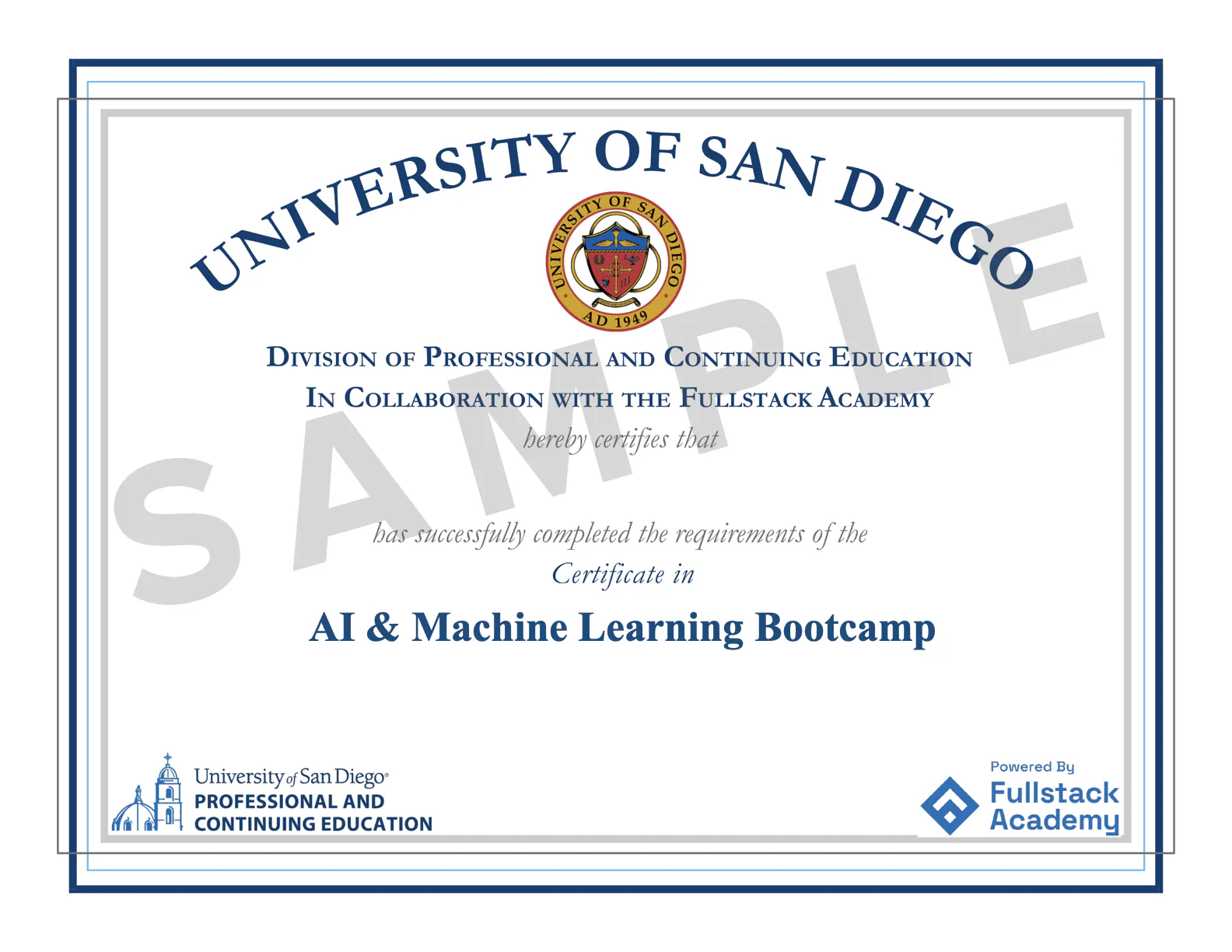 USD AI Machine Learning Bootcamp Sample Certificate