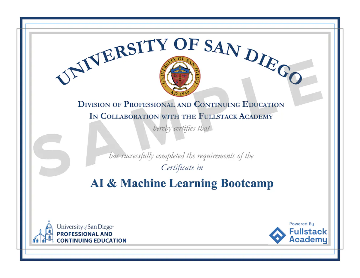 USD AI Machine Learning Bootcamp Sample Certificate