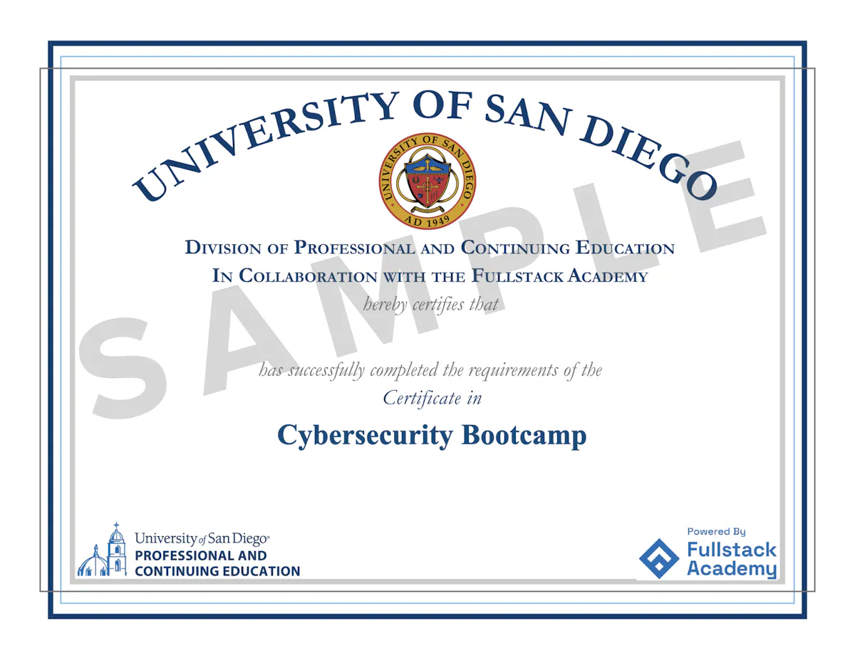 USD Cybersecurity Bootcamp Sample Certificate