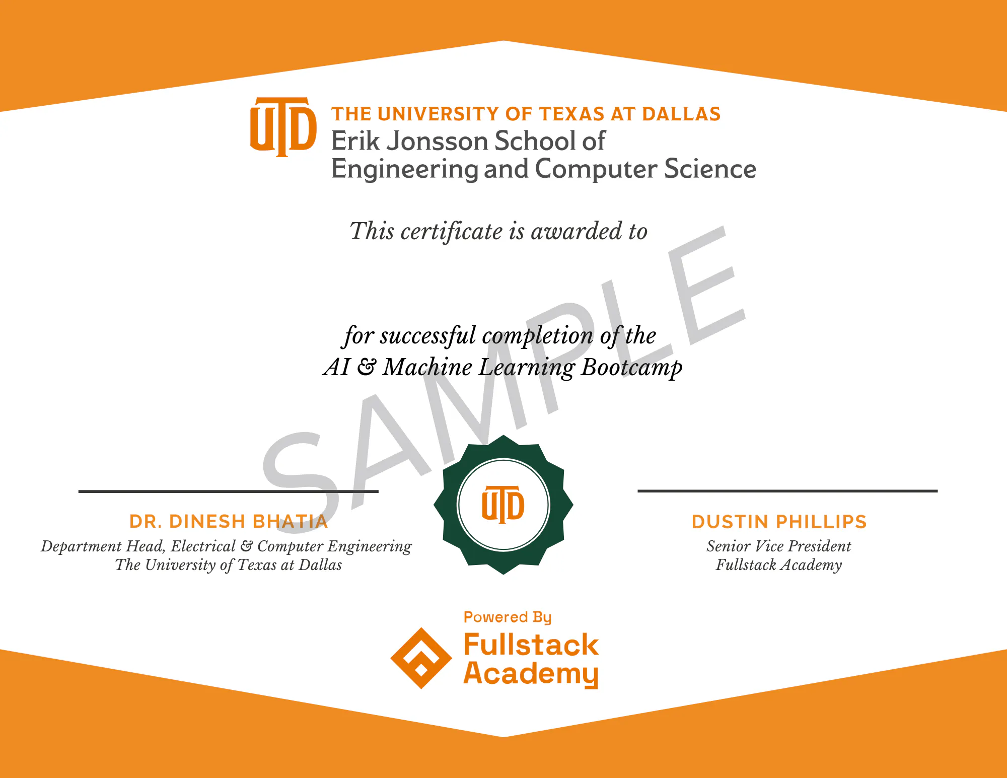 Sample UT Dallas AI Machine Learning Bootcamp Grad Certificate