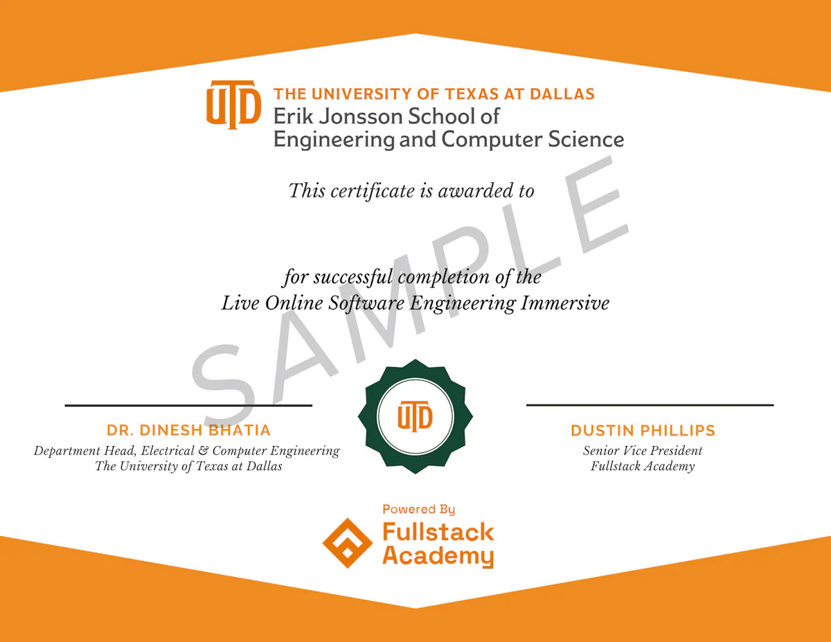 Sample Grad Certificate for the UT Dallas Coding Bootcamp