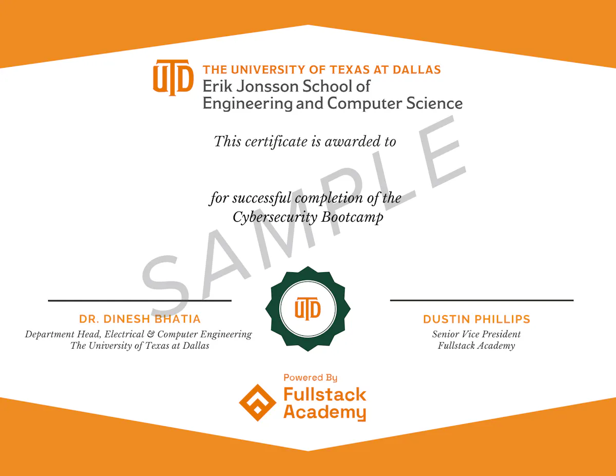 Sample Grad Certificate for the UT Dallas Cybersecurity Bootcamp