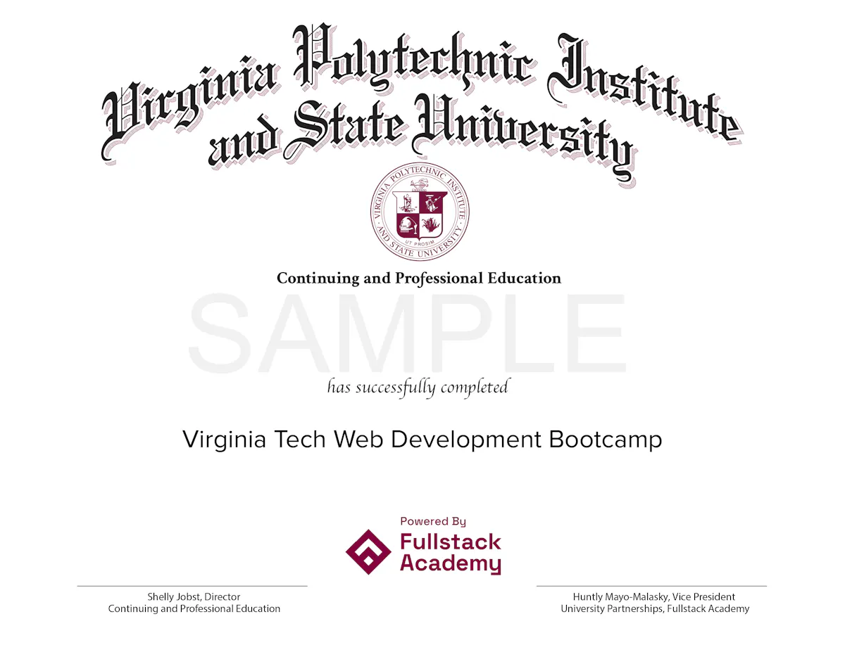 Virgina Tech Web Development Bootcamp Sample Certificate