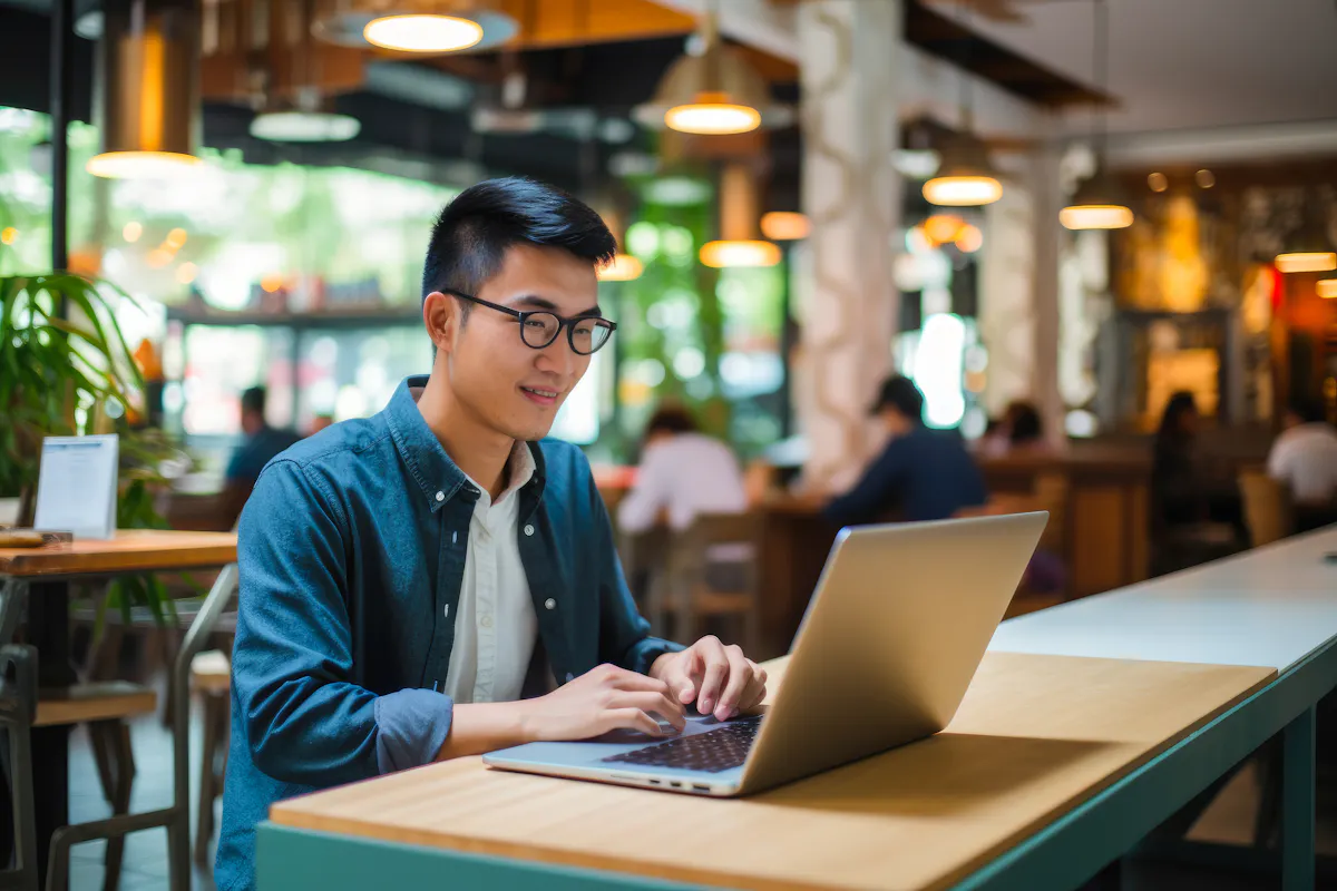 Student with laptop in public place